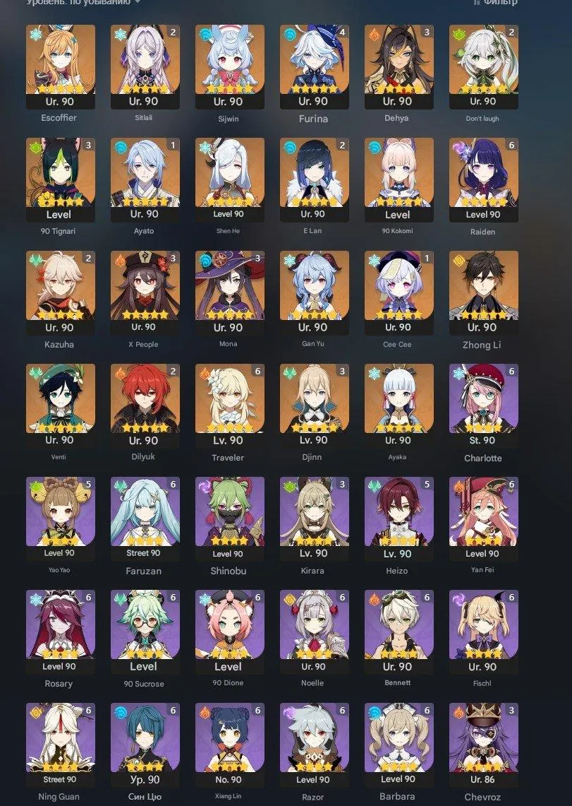 GI950 Raiden C4, Kazuha C3, Furina C4, Hu Tao C3, Nahida C2, Citlali C2, Ayato C1, Ayaka, Zhongli (G)